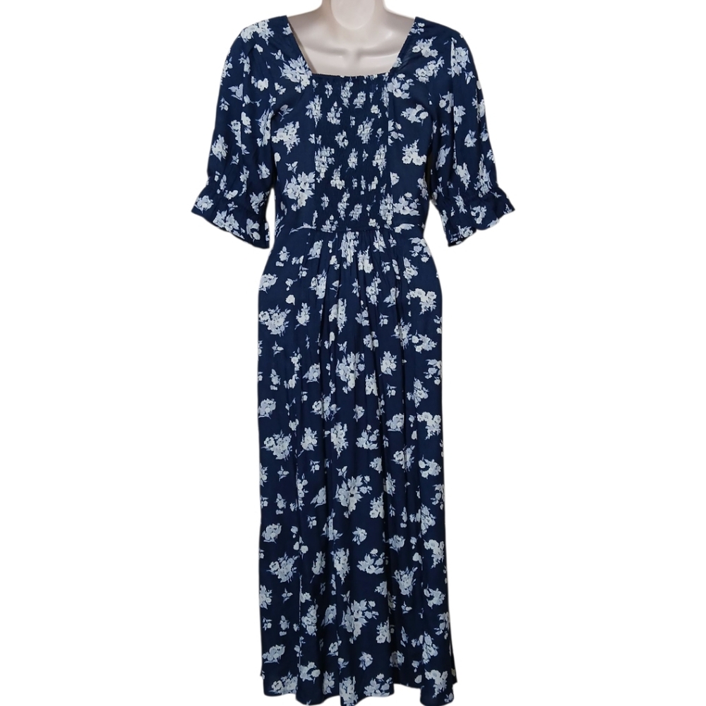 $13 Abercrombie & Fitch Midi Dress Smocked Navy White Floral Spring NWT - Picture 5 of 10